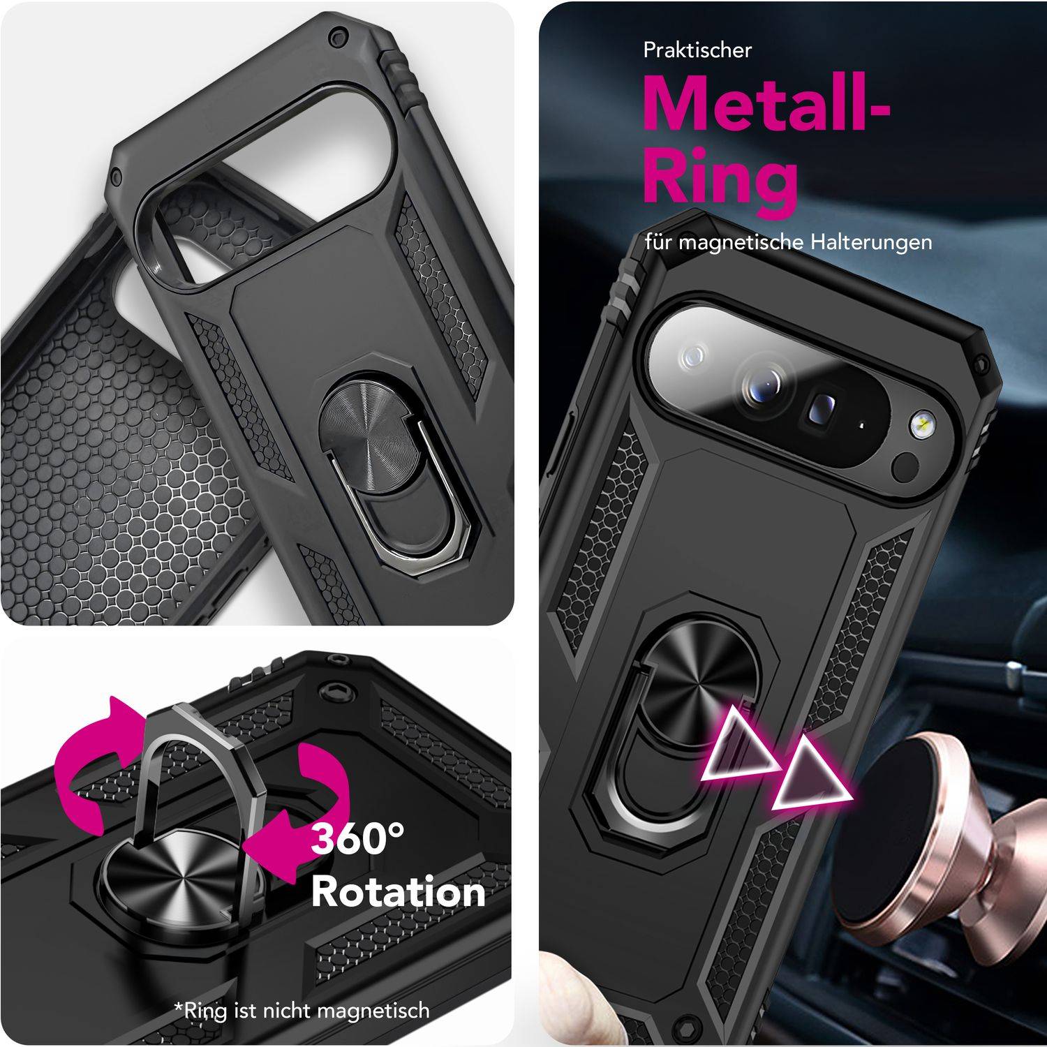 NALIA Hülle "RingDefend" für Google Pixel 10 Pro – Robuste Panzer Handyhülle mit 360° Dreh Ring & Ständer - Schwarz-2