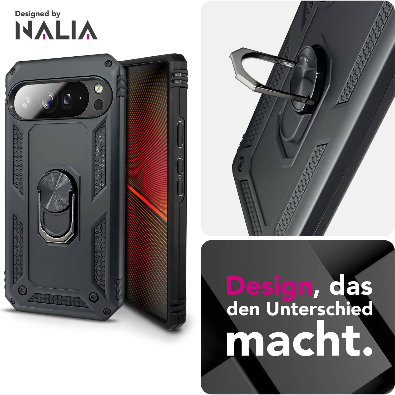 NALIA Hülle "RingDefend" für Google Pixel 10 Pro – Robuste Panzer Handyhülle mit 360° Dreh Ring & Ständer - Schwarz-3