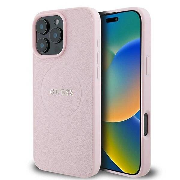 Guess MagSafe Grained Gold Ring Hülle iPhone 15 Pro Max – Rosa
