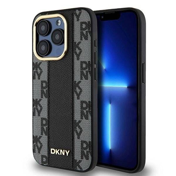 DKNY Leder-MagSafe-Hülle kariertem Monomuster iPhone 15 Pro Max – Schwarz-0