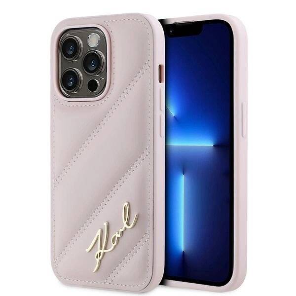 Karl Lagerfeld Diagonal Quilted Script Hülle iPhone 14 Pro Max – Rosa