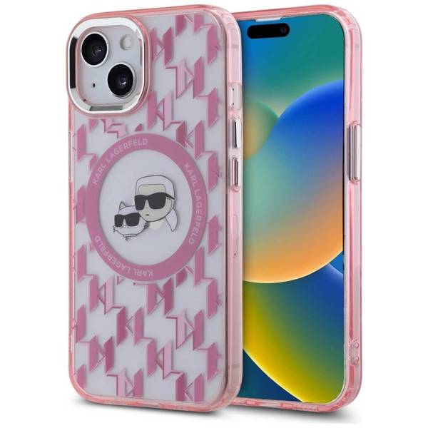 Karl Lagerfeld IML Monogram & Choupette Head MagSafe-Hülle iPhone 15 Plus – Rosa