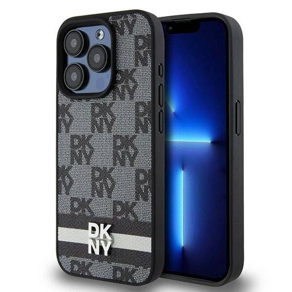 DKNY Lederhülle kariertem Monomuster bedruckten Streifen iPhone 15 Pro Max – Schwarz