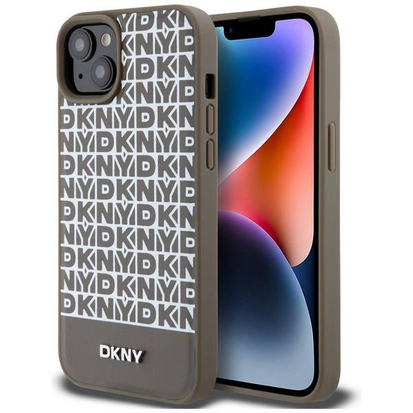 DKNY MagSafe Lederhülle bedrucktem Muster Metalllogo iPhone 15/14/13 – Braun