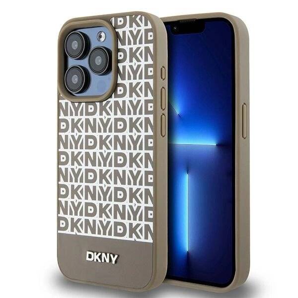 DKNY MagSafe Lederhülle bedrucktem Muster Metalllogo iPhone 15 Pro Max – Braun