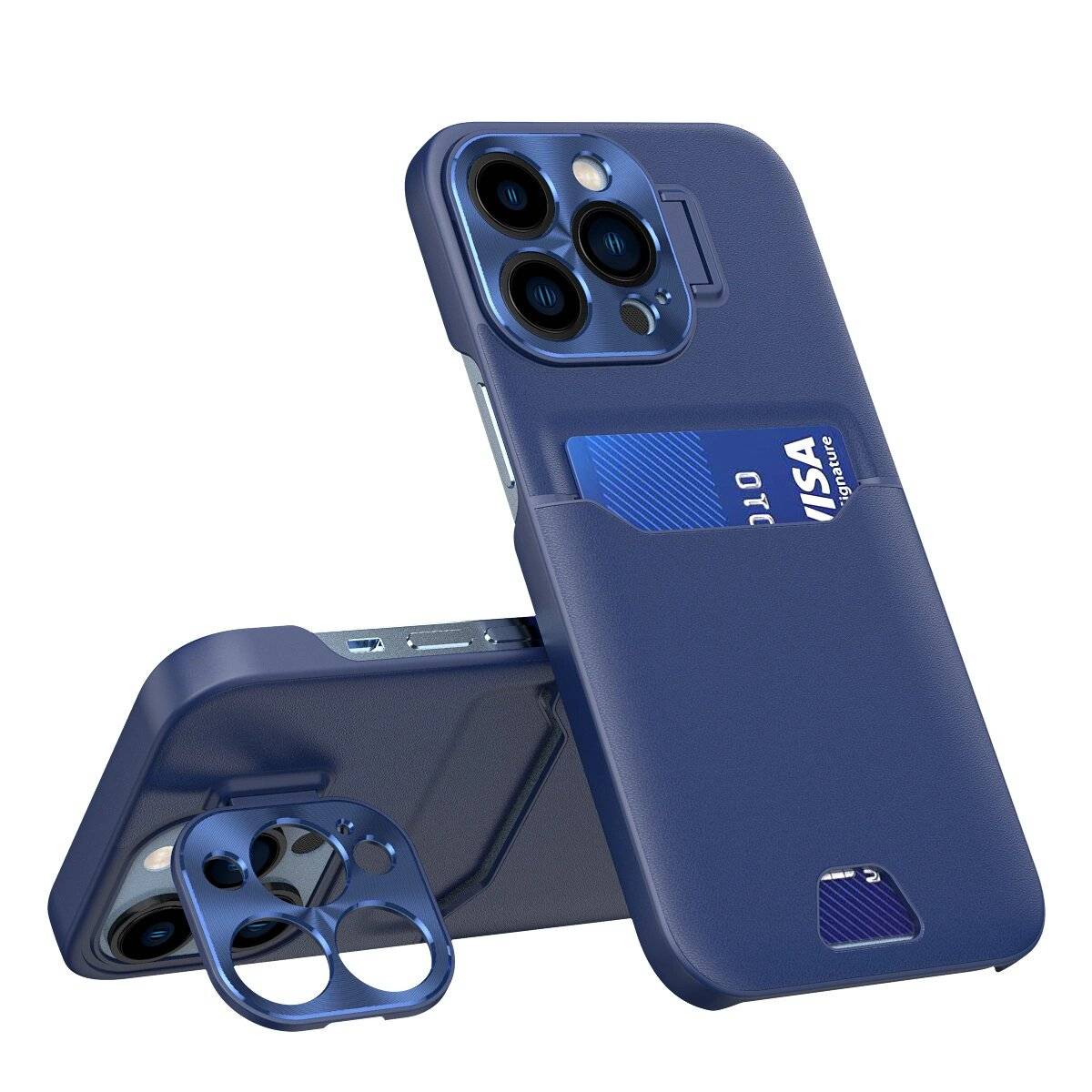 Leder Stand Case iPhone 14 Pro Cover Kartenetui Ständer blau-0