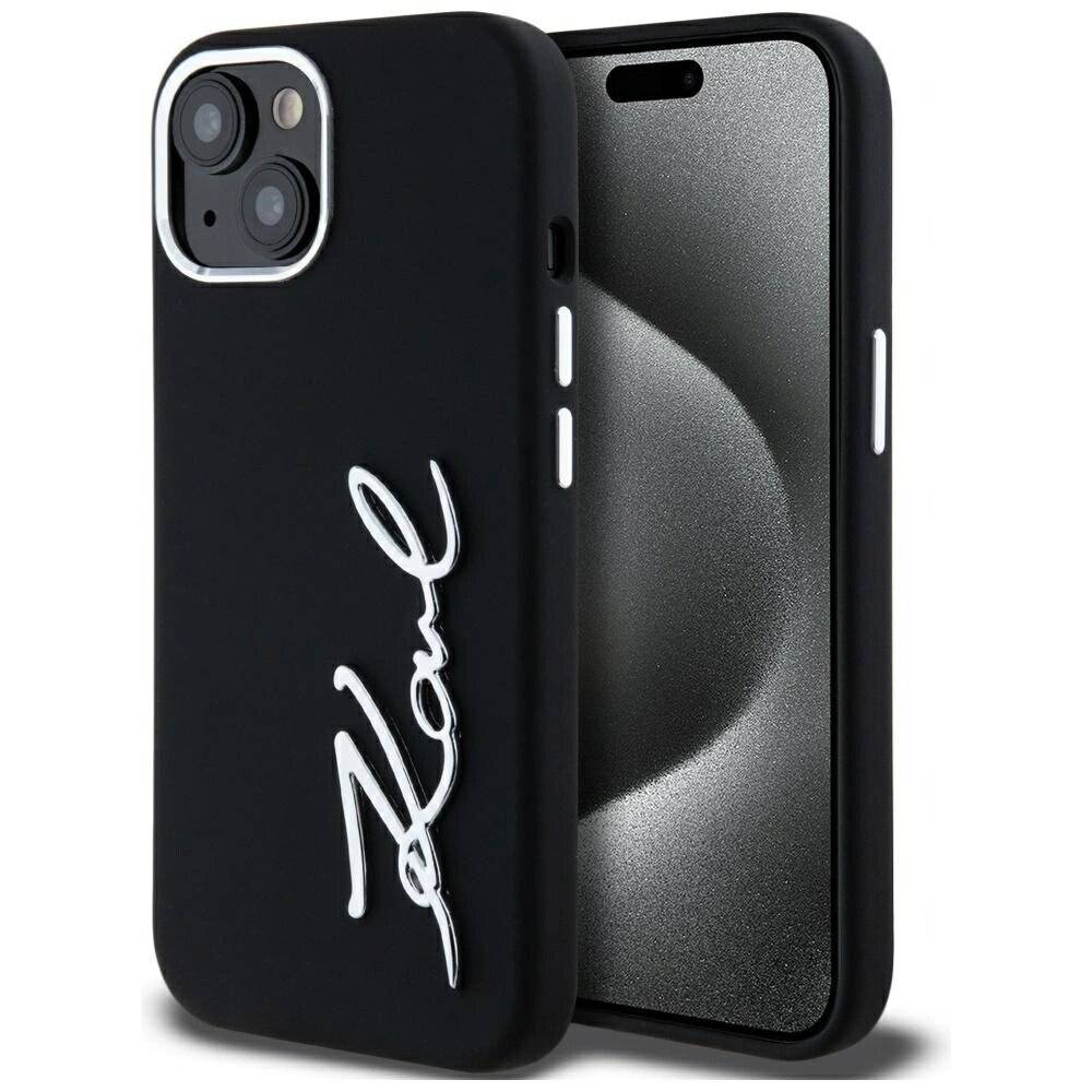 Karl Lagerfeld Silikon Metall Script Logo iPhone 15 Hülle - Schwarz-0