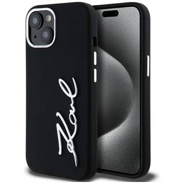 Karl Lagerfeld Silikon Metall Script Logo iPhone 15 Hülle - Schwarz