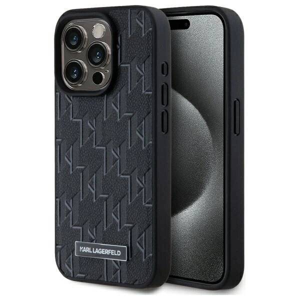 Karl Lagerfeld MagSafe-Hülle Leder Monogramm Metalllogo iPhone 15 Pro – Schwarz