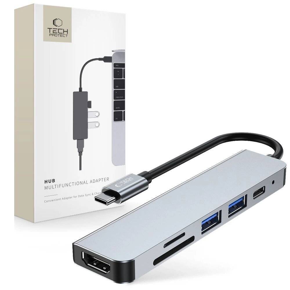HUB Tech-Protect V4 6in1 USB-C – USB-A 3.0 / 2.0 HDMI Micro SD TF SD-Kartenleser Grau