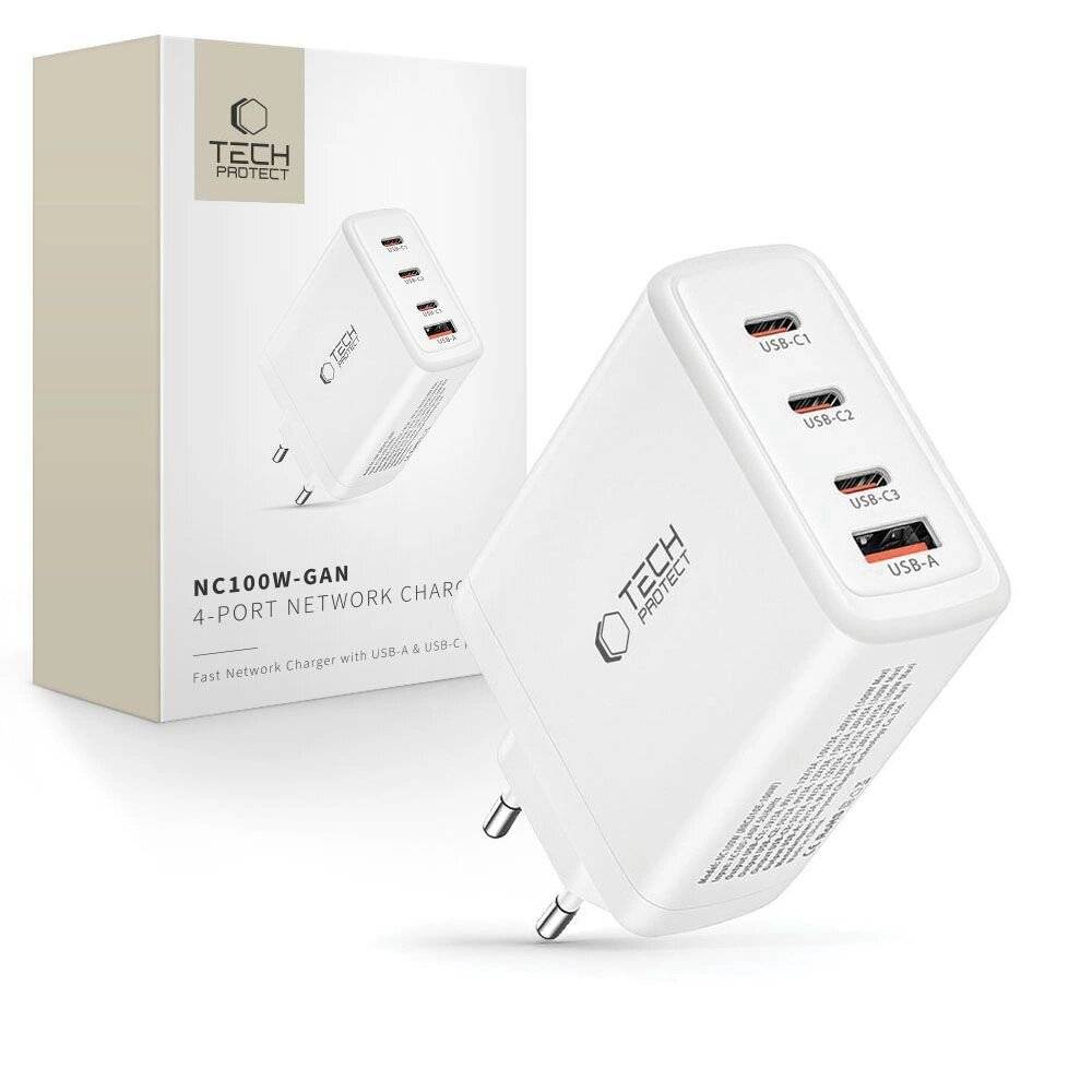 Tech-Protect NC100W-GAN GaN-Netzwerkladegerät 3x USB-C PD 100W / USB-A QC 3.0 - Weiß-0