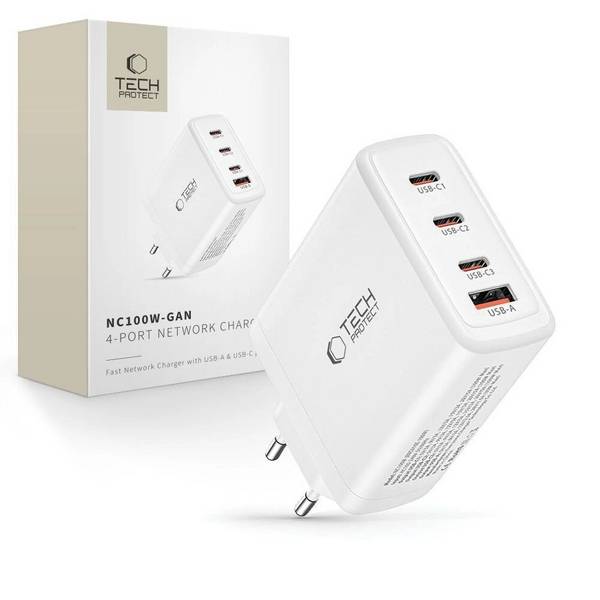 Tech-Protect NC100W-GAN GaN-Netzwerkladegerät 3x USB-C PD 100W / USB-A QC 3.0 - Weiß
