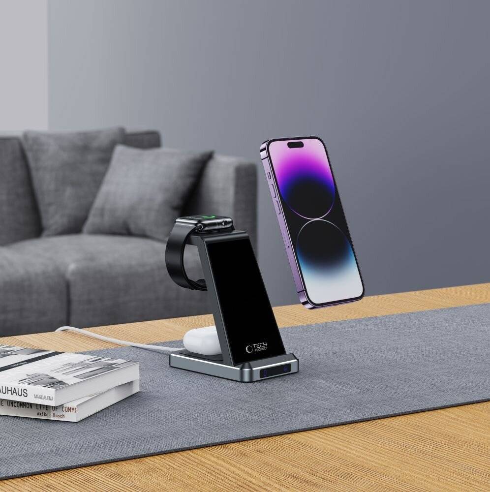 Tech-Protect QI15W-A26 induktives Ladegerät 15W 3in1 Smartphone / Kopfhörer Apple Watch - Schwarz-1