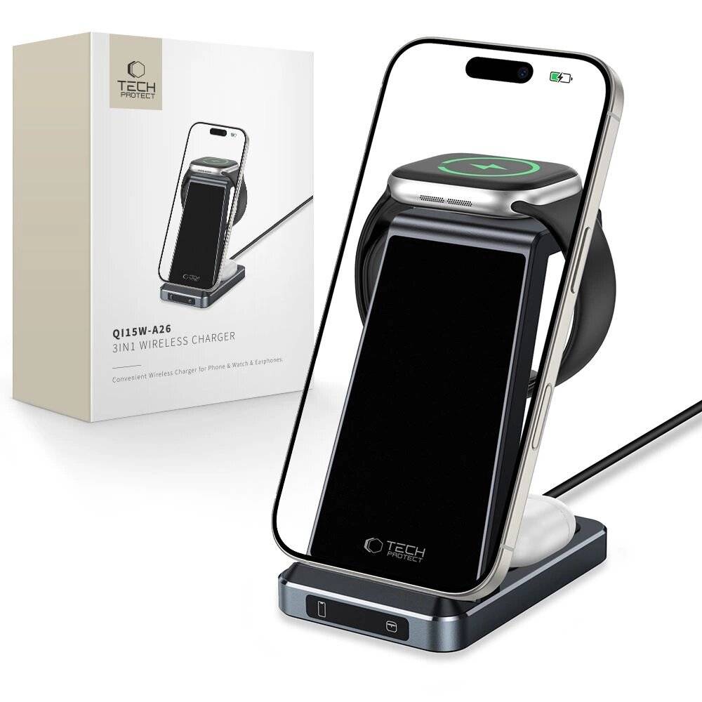 Tech-Protect QI15W-A26 induktives Ladegerät 15W 3in1 Smartphone / Kopfhörer Apple Watch - Schwarz-0