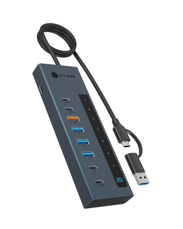 IB-HUB1743-CPD, 9-in-1 HUB, 7x HUB Port (3C+ 4A) mit 1x USB-C für Laden (PD 20W mit display) & 1x PD 100W