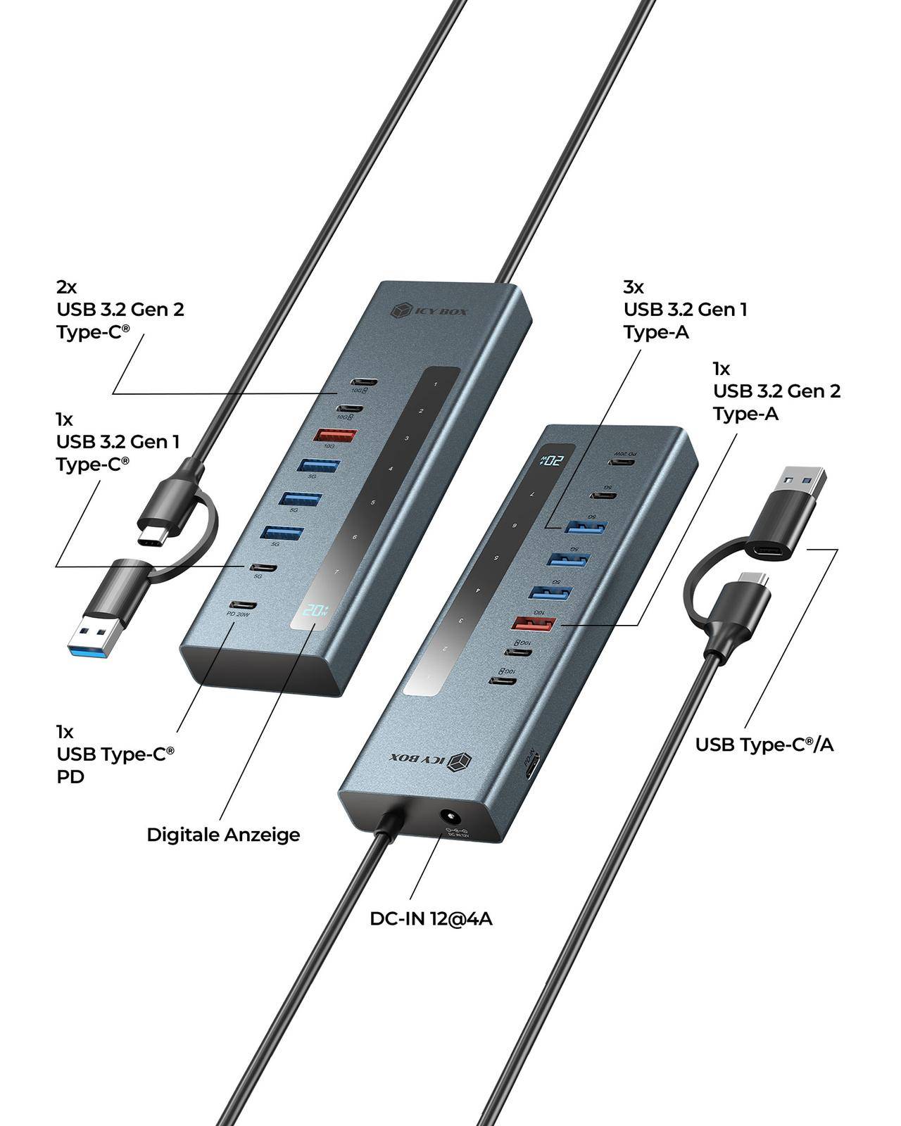 IB-HUB1743-CPD, 9-in-1 HUB, 7x HUB Port (3C+ 4A) mit 1x USB-C für Laden (PD 20W mit display) & 1x PD 100W-1