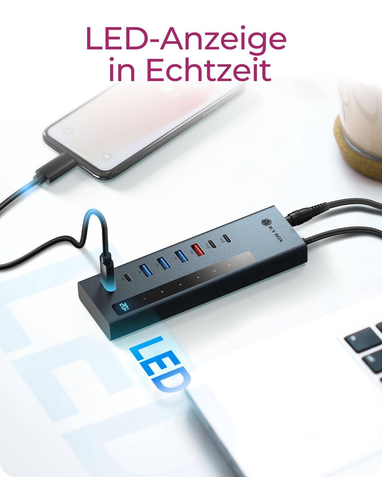 IB-HUB1743-CPD, 9-in-1 HUB, 7x HUB Port (3C+ 4A) mit 1x USB-C für Laden (PD 20W mit display) & 1x PD 100W-3