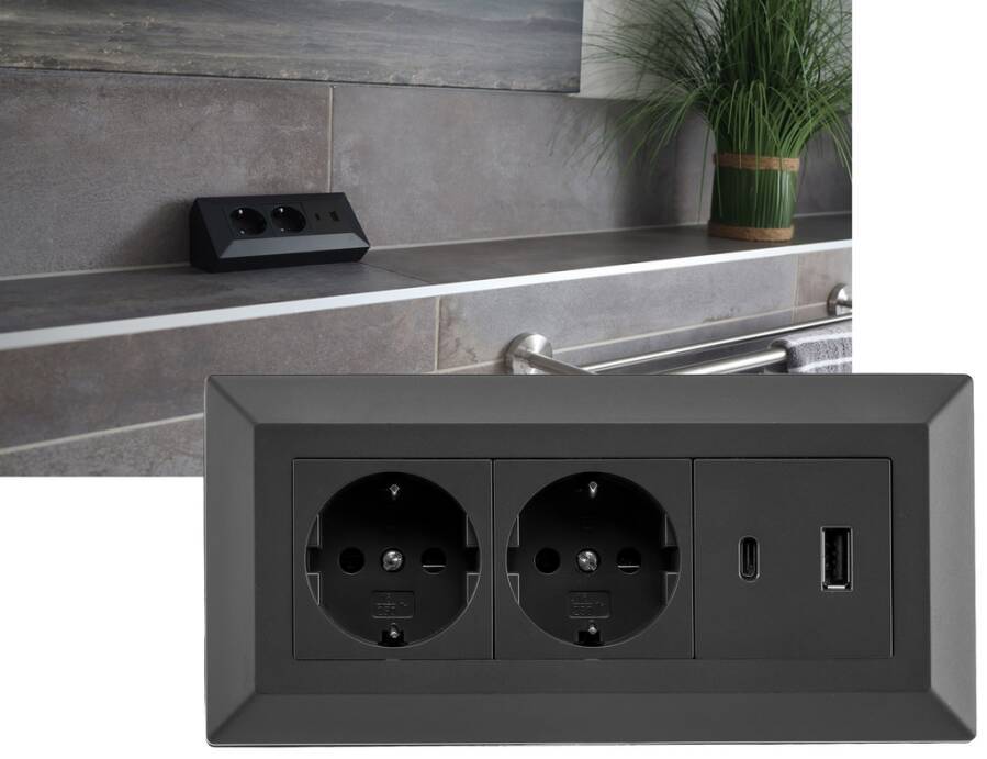 ChiliTec - 2-fach Steckdosenblock USB-A&C, silber 250V~/ 16A-4