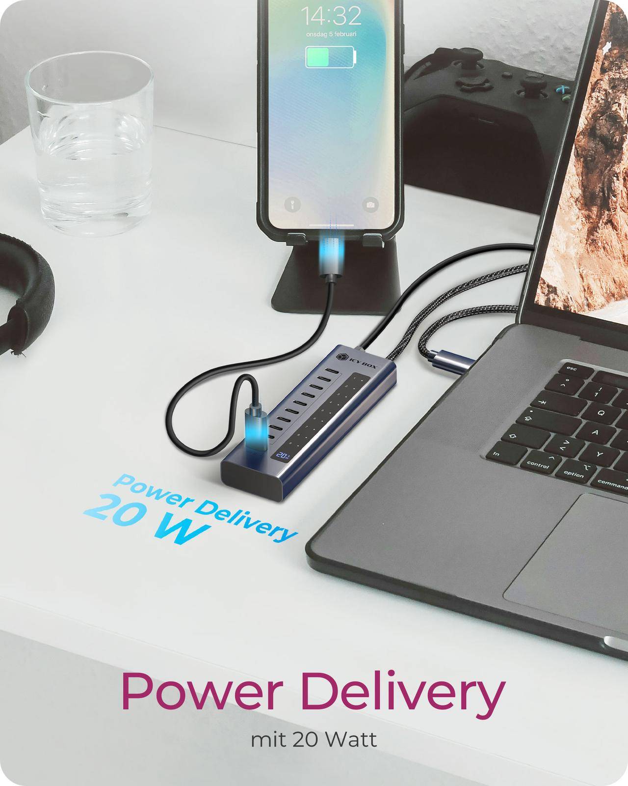 IB-HUB1450-C31, HUB mit 10x USB-C Ports, USB 3.2 Gen 2, 10 Gbit/s, mit 48W Netzteil, 1x PD 20W-2