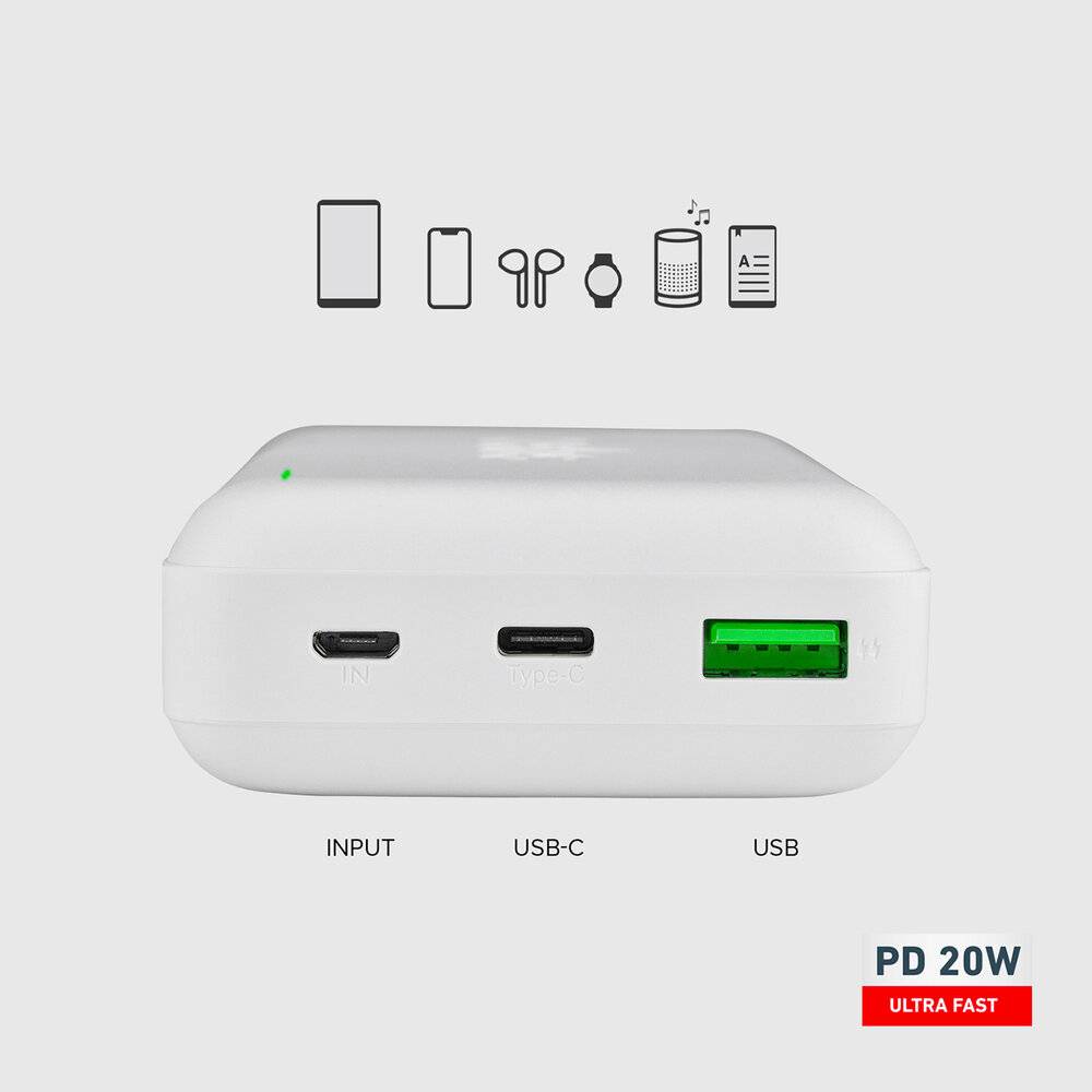 Powerbank SBS TTBB20000PD20W 20000 mAh 20W Power Delivery MicroUSB, USB-C, USB-A – Weiß-1