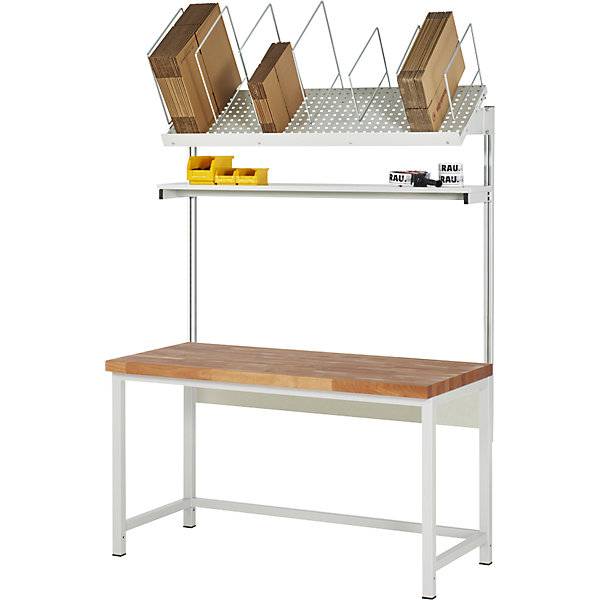 Packtisch komplett Serie 8000 Set 1 mit Etagenbord BxT 2000 x 900 mm Buchenplatte. Rau GmbH 84614549-0