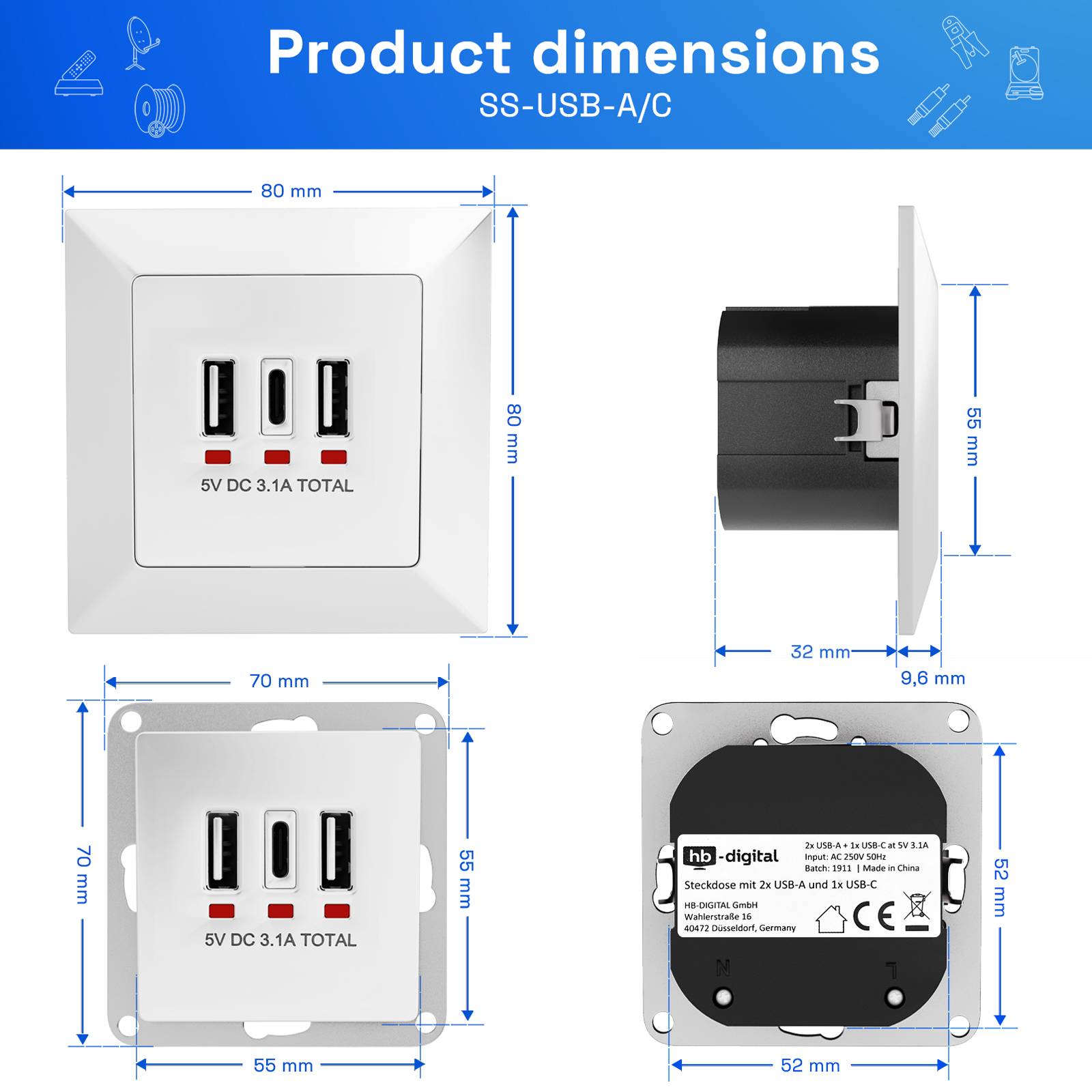 hb-digital Wandsteckdose Unterputz mit 2x USB-A und 1x USB-C Ports weiss-3