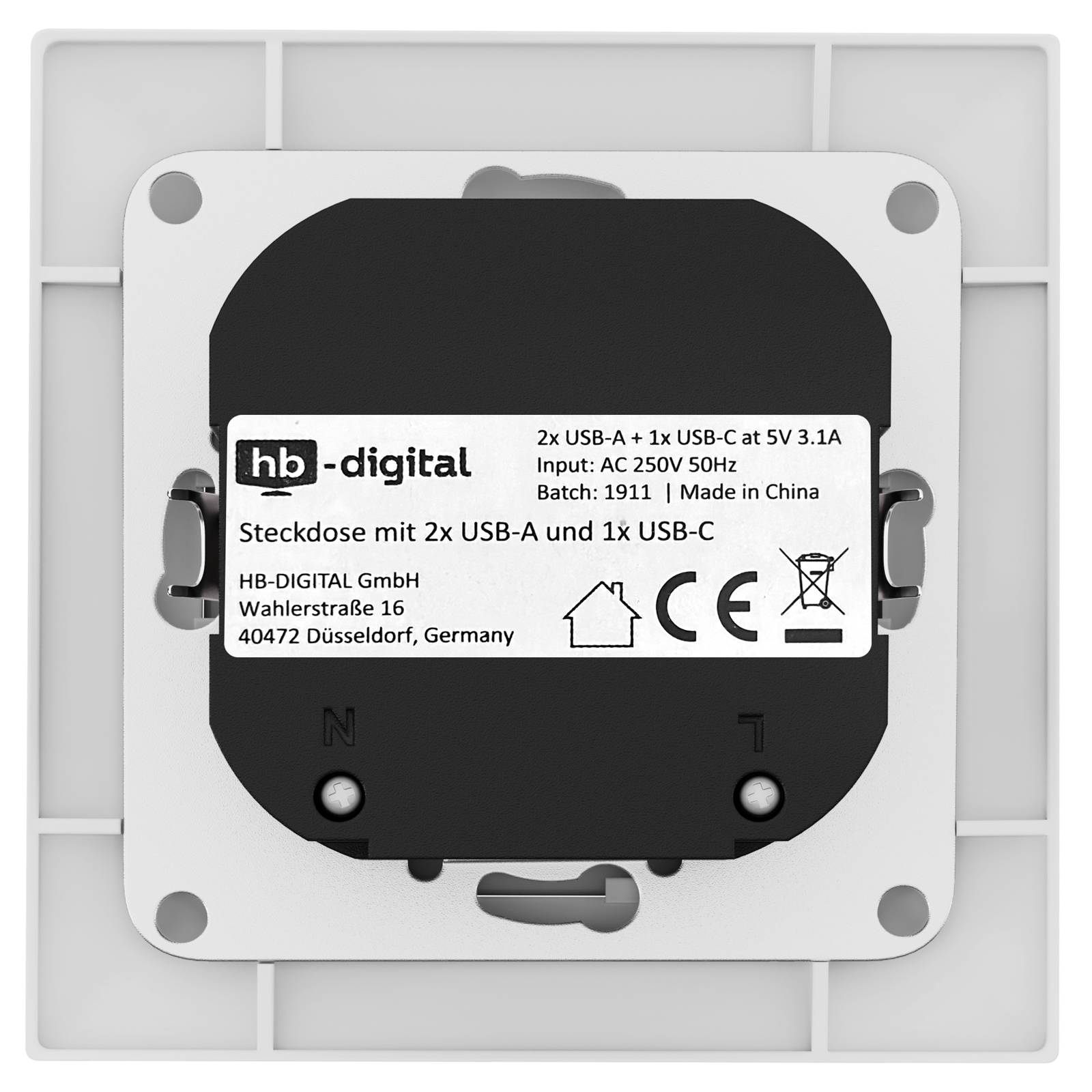 hb-digital Wandsteckdose Unterputz mit 2x USB-A und 1x USB-C Ports weiss-4
