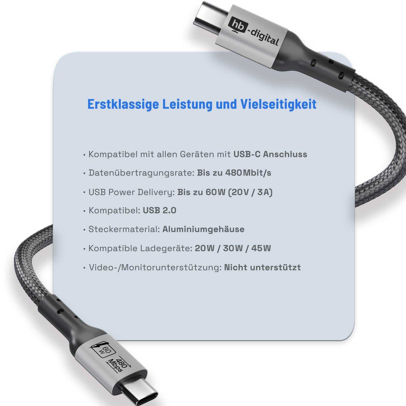 hb-digital USB-C auf USB-C Kabel 2m USB 2.0 60W 480Mbps schwarz-1
