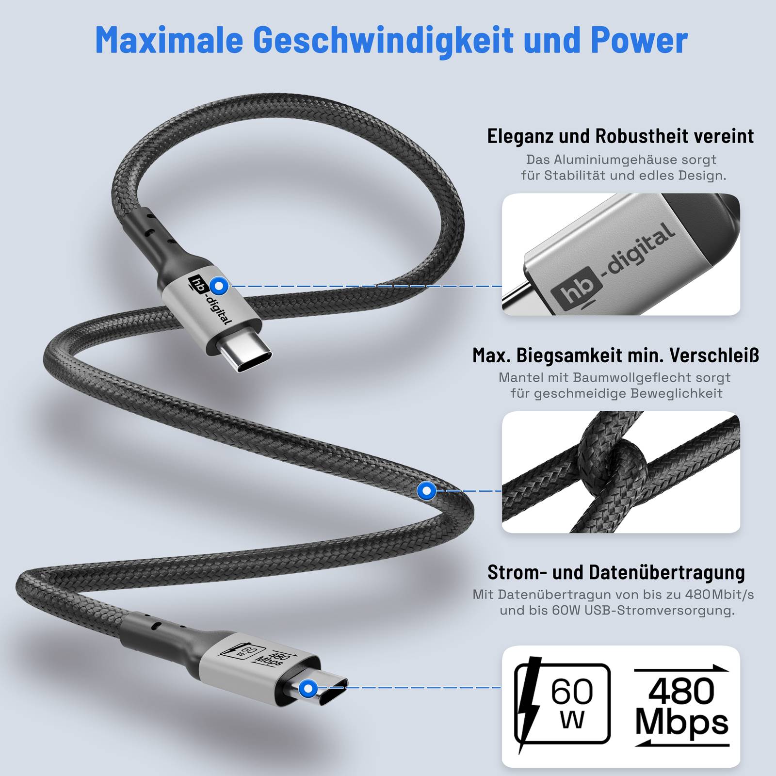 hb-digital USB-C auf USB-C Kabel 2m USB 2.0 60W 480Mbps schwarz-2