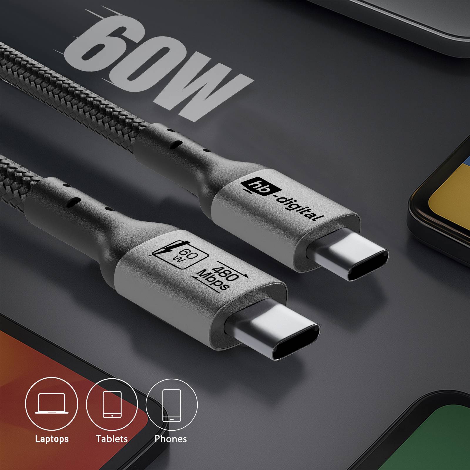 hb-digital USB-C auf USB-C Kabel 2m USB 2.0 60W 480Mbps schwarz-4
