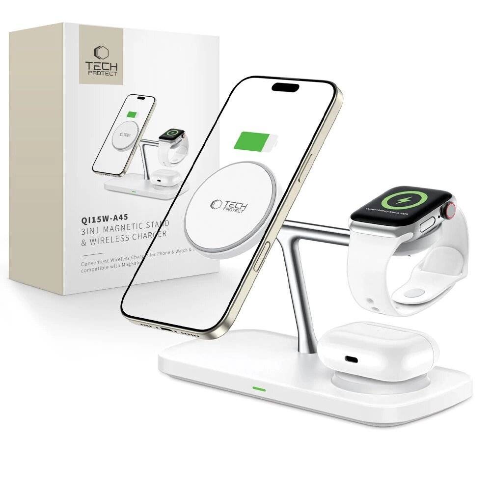 Tech-Protect QI15W-A45 3in1 kabelloses Ladegerät MagSafe Apple -Geräte – Weiß-0