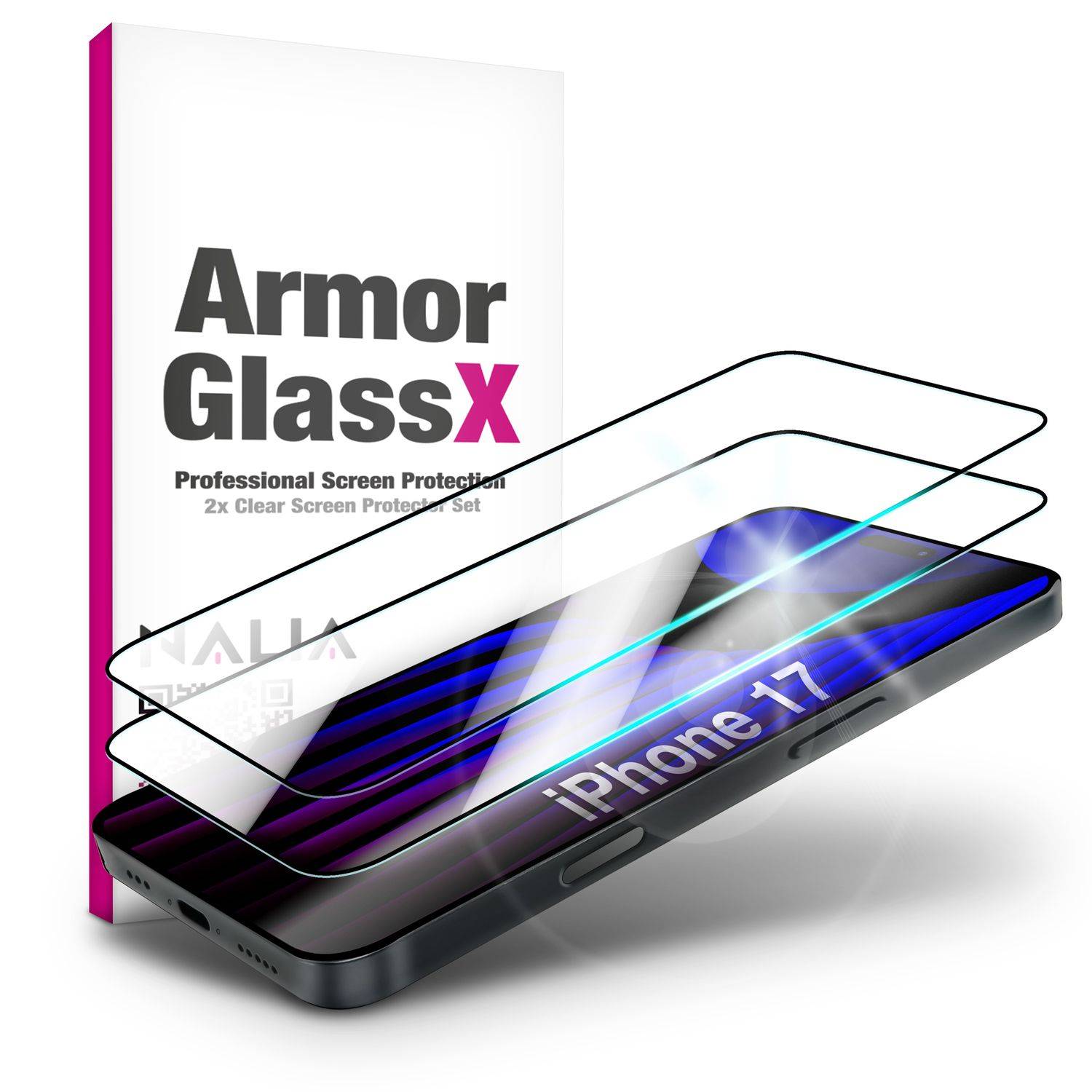 NALIA Schutzglas "ArmorGlassX" für Apple iPhone 17 – 2x Display Glas Ultra Klar 9H Härte - Transparent, schwarzer Rahmen-0
