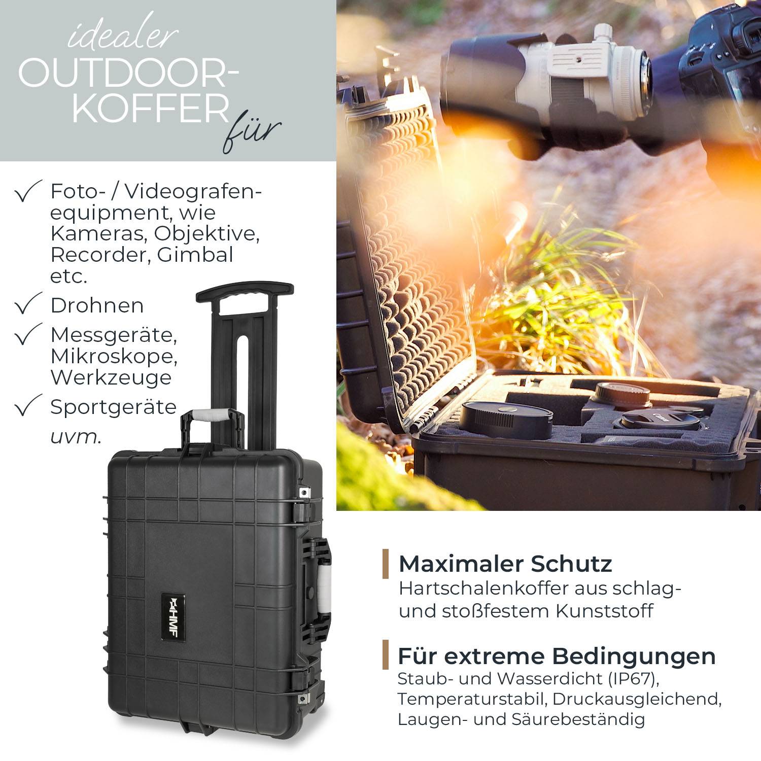 HMF Outdoor-Trolley, ODK400, Fotokoffer mit Rasterschaumstoff, 58,5 x 45 x 27,5 cm, Schwarz-1