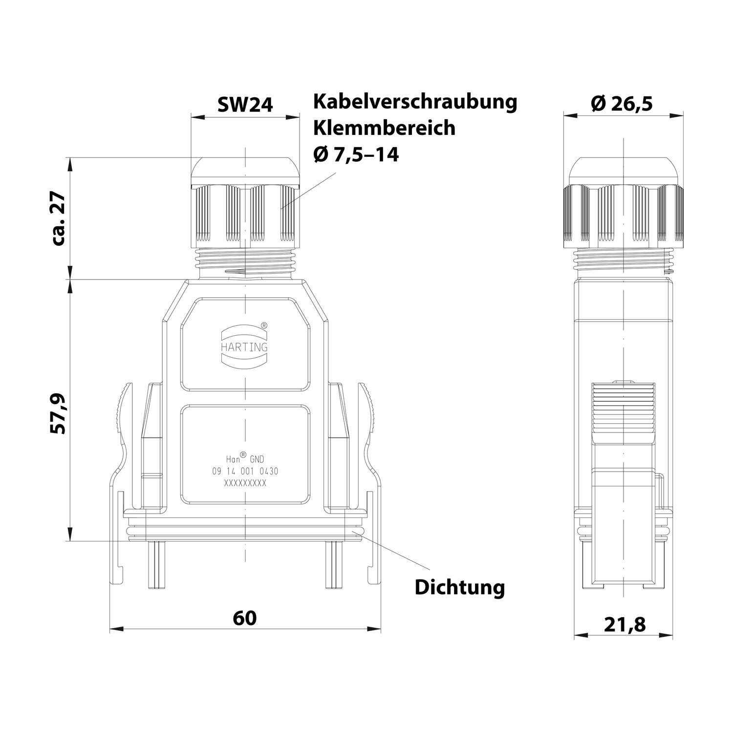 Symbolbild für Han GND Tüllengehäuse, 7,5-14mm | HARTING | Serie 43 | Heavy Duty Connector