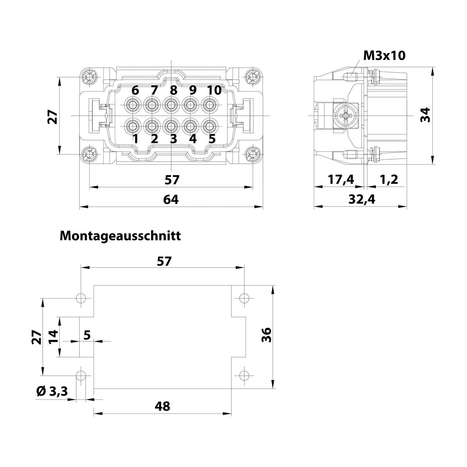 Symbolbild für HARTING Han 10E Stifteinsatz (M) Schraubanschluss, 10-polig+PE 500V, 16A - 1 Stück