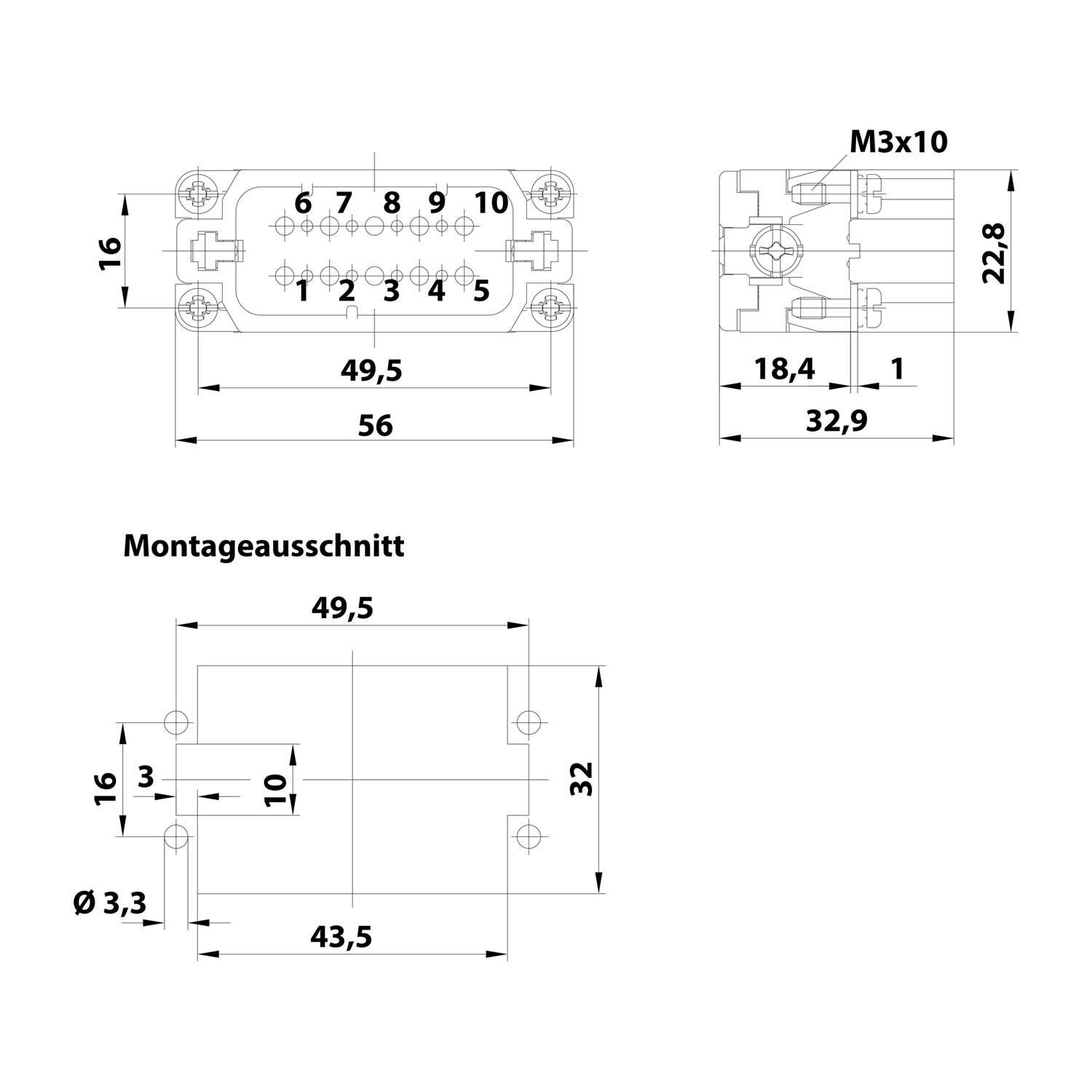 Symbolbild für HARTING Han 10A Stifteinsatz (M) Crimpanschluss, 10-polig+PE 250V, 16A - 1 Stück