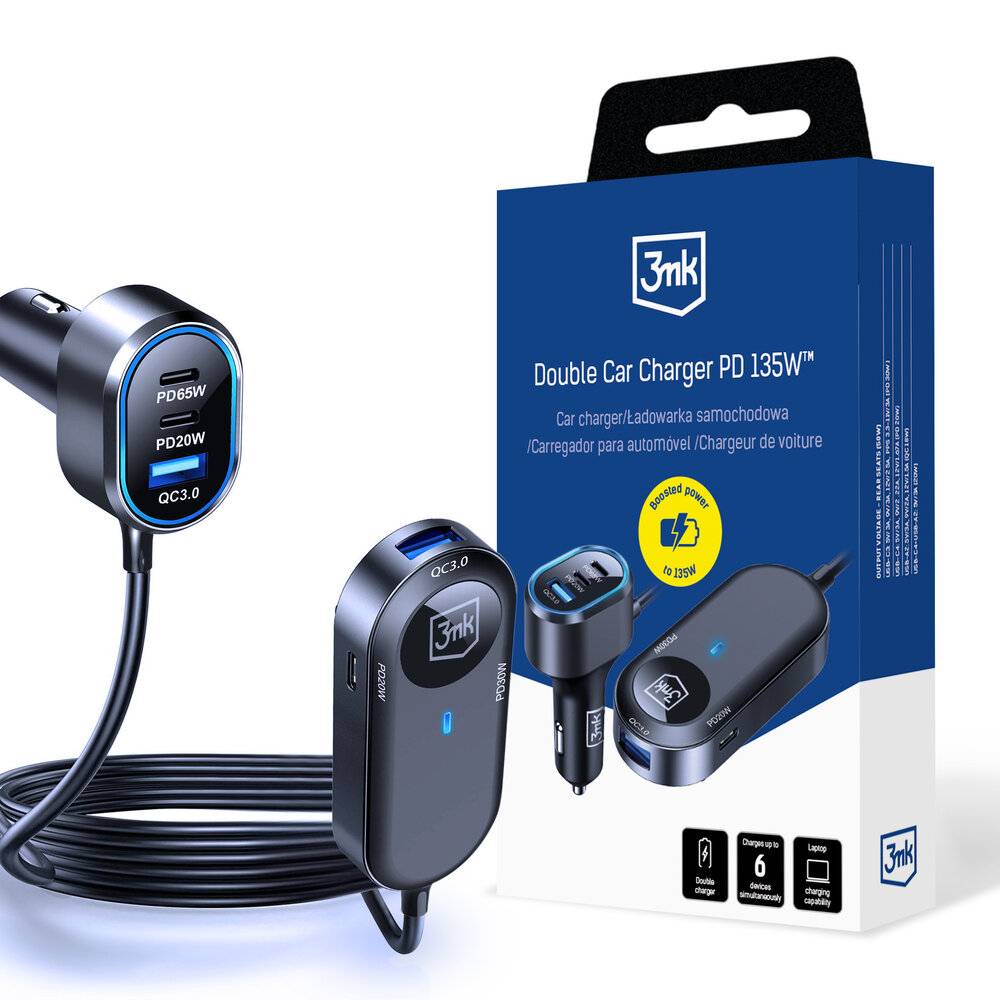 3mk Doppel-Autoladegerät 135W PD QC PPS USB-C USB-A - Schwarz-0