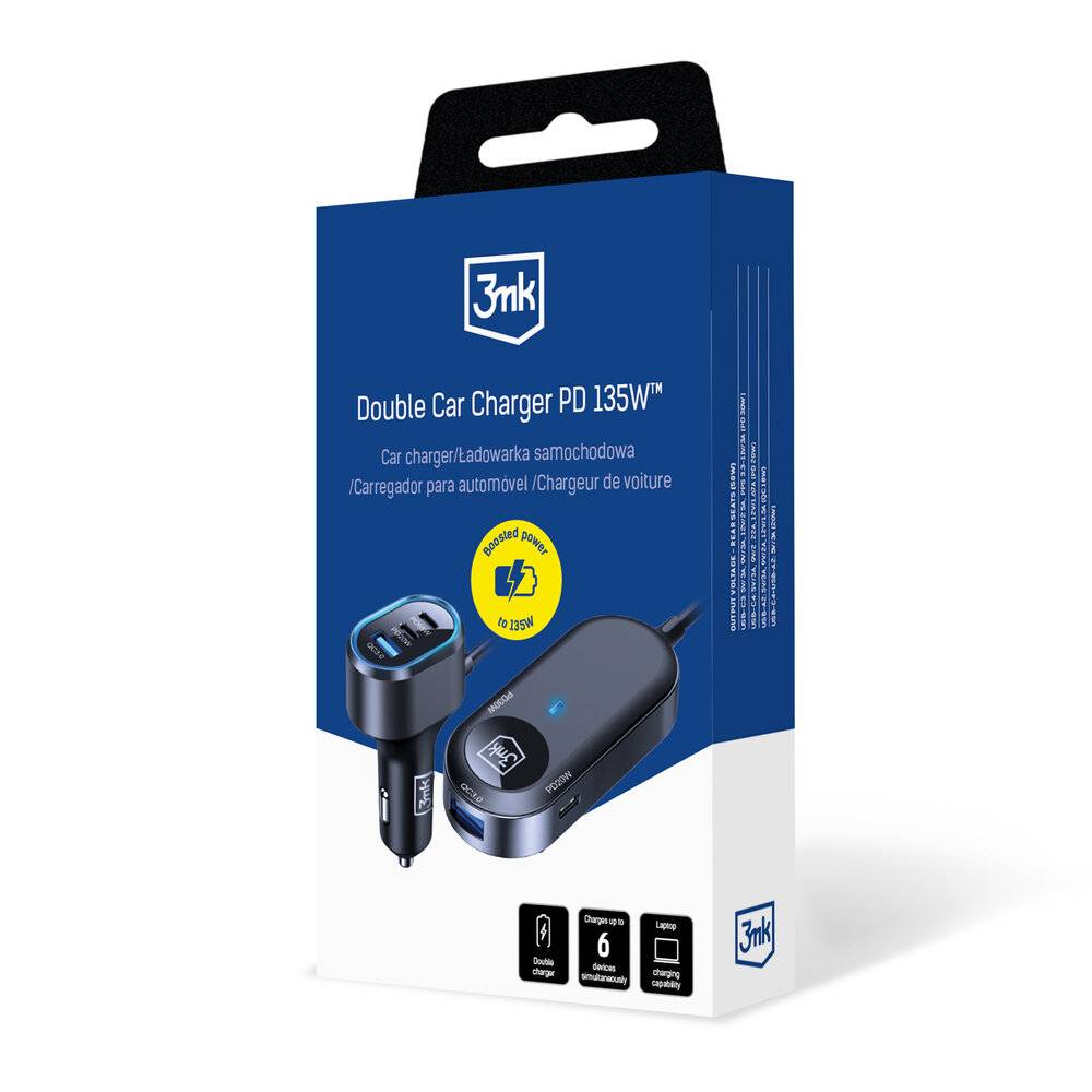 3mk Doppel-Autoladegerät 135W PD QC PPS USB-C USB-A - Schwarz-3