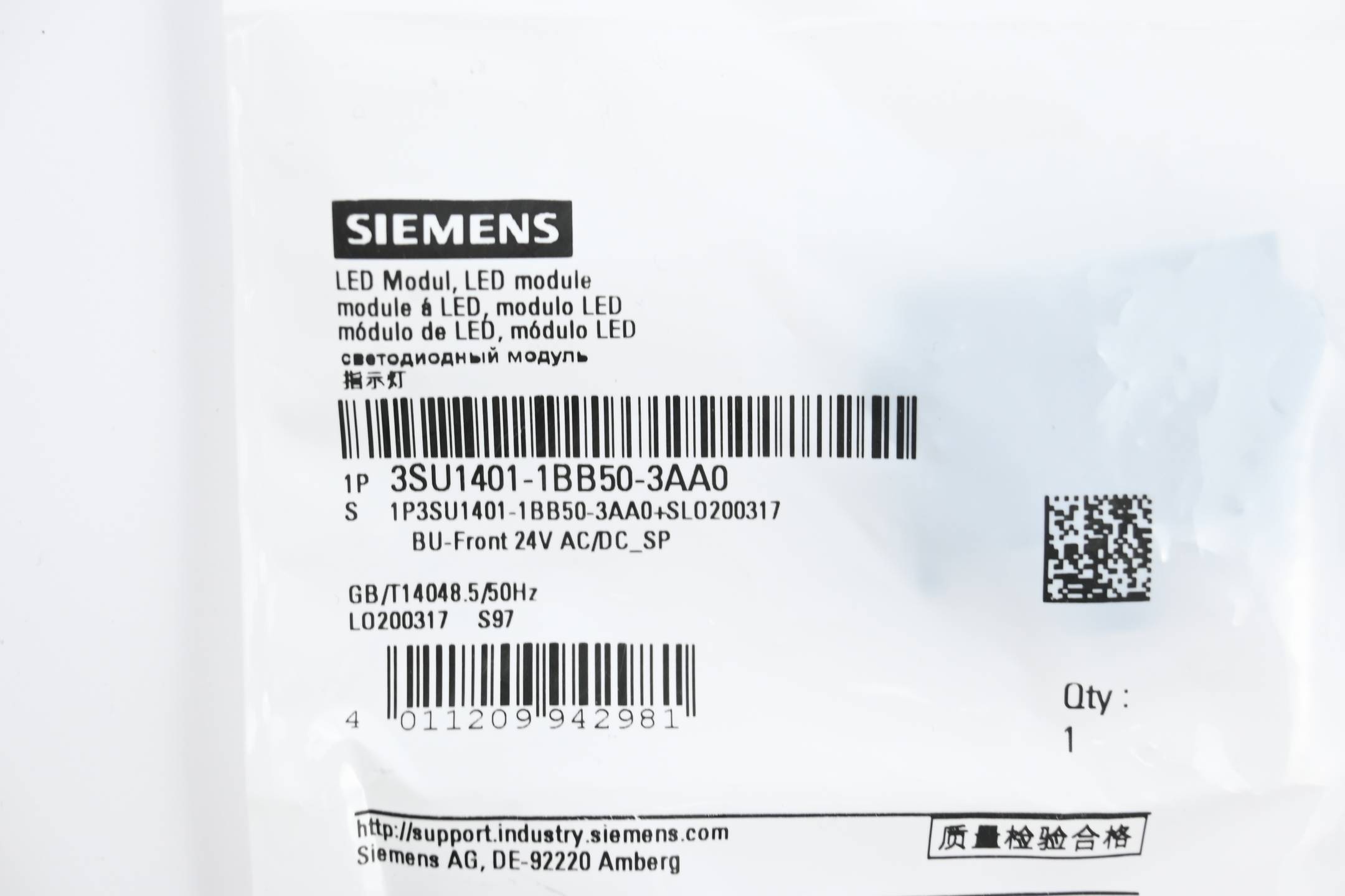 Siemens 3SU1401-1BB50-3AA0 - LED-Modul MIT INTEGRIERTER LED AC/DC 24V, blau, Fe-3
