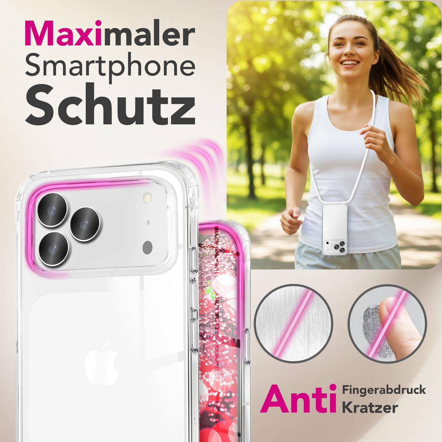 NALIA Hülle "Hangit" für Apple iPhone 17 Pro (Umhängehülle) – Klare Handyhülle mit Band 160cm Mondweiß-1