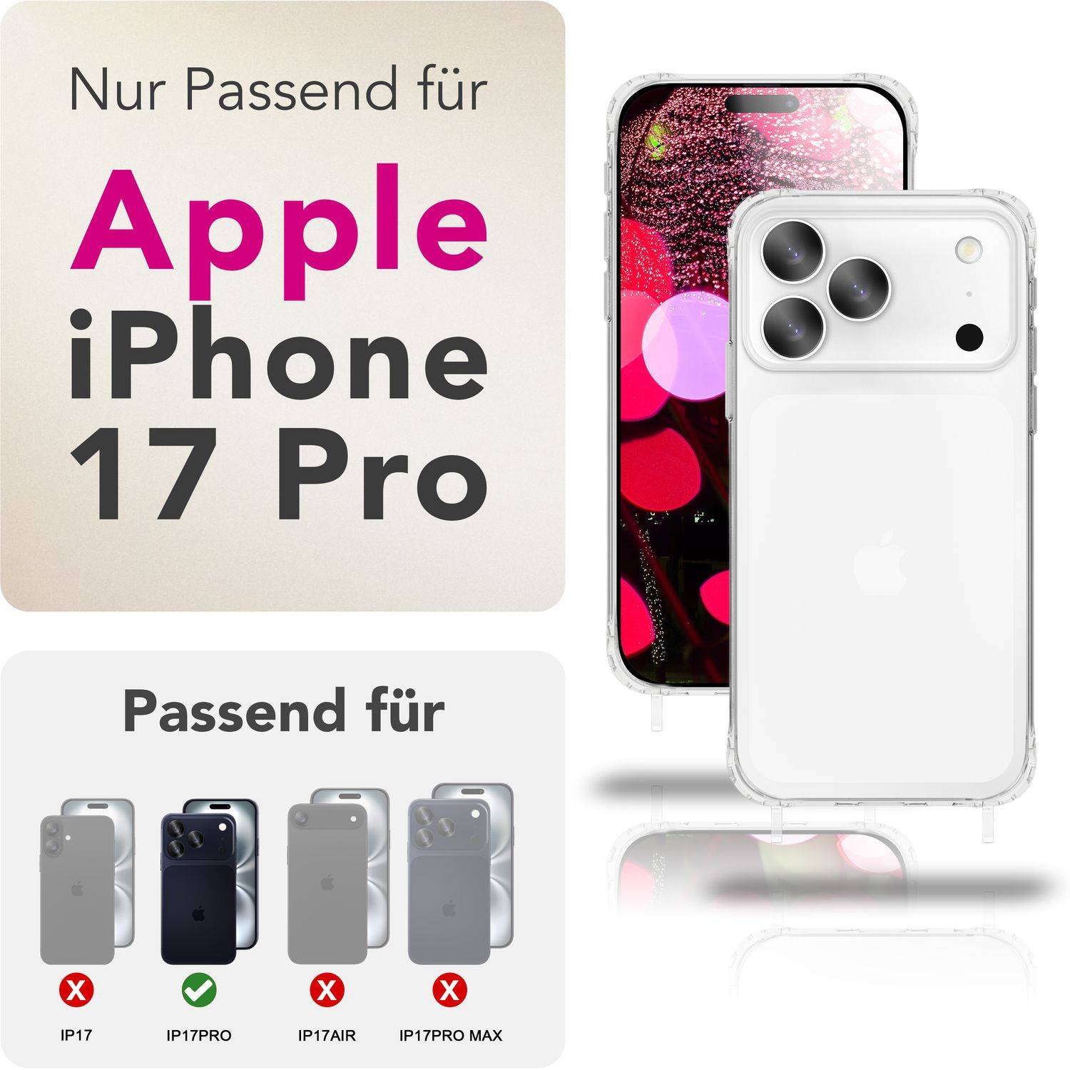 NALIA Hülle "Hangit" für Apple iPhone 17 Pro (Umhängehülle) – Klare Handyhülle mit Band 160cm Mondweiß-2