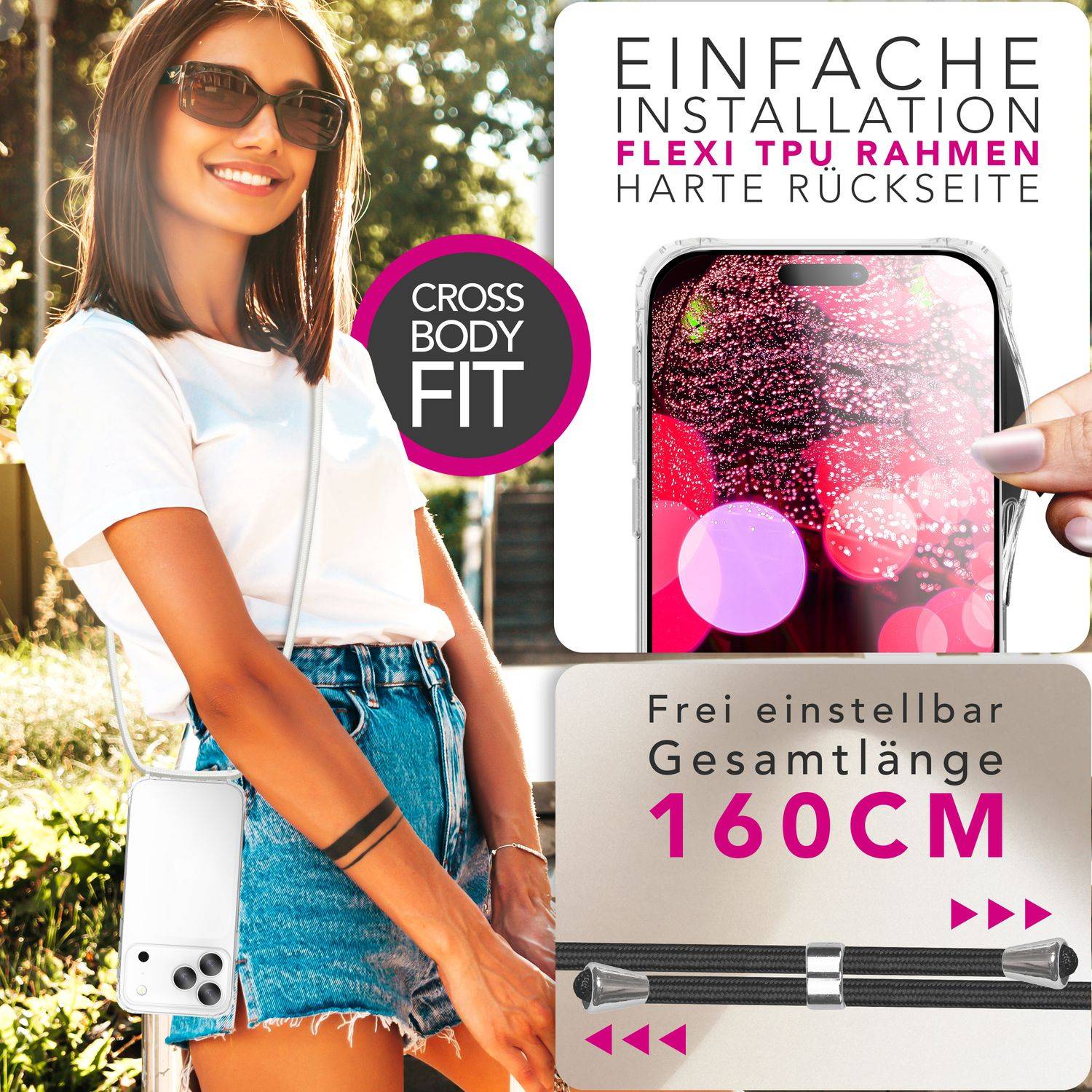 NALIA Hülle "Hangit" für Apple iPhone 17 Pro (Umhängehülle) – Klare Handyhülle mit Band 160cm Mondweiß-3