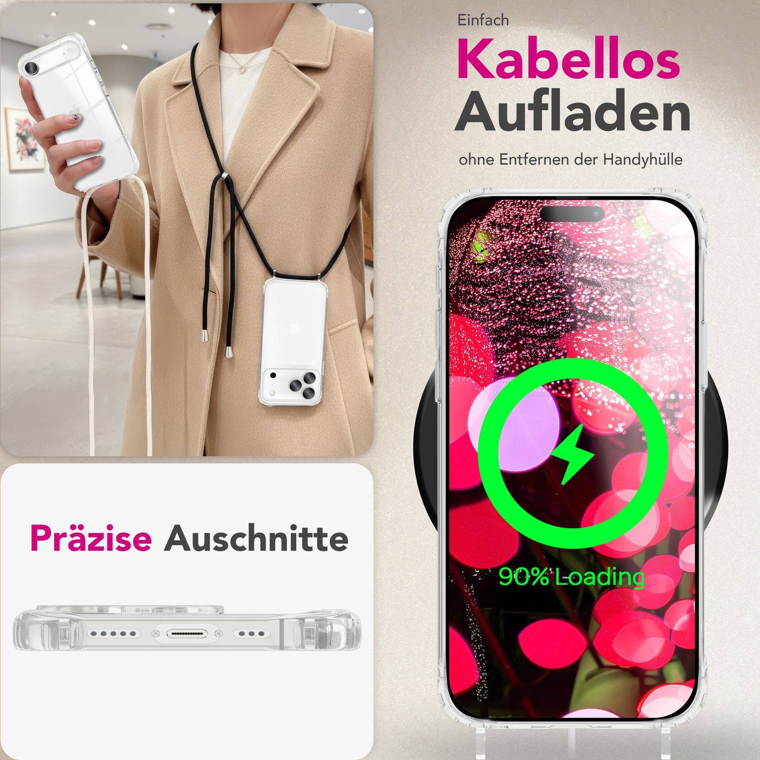 NALIA Hülle "Hangit" für Apple iPhone 17 Pro (Umhängehülle) – Klare Handyhülle mit Band 160cm Mondweiß-4
