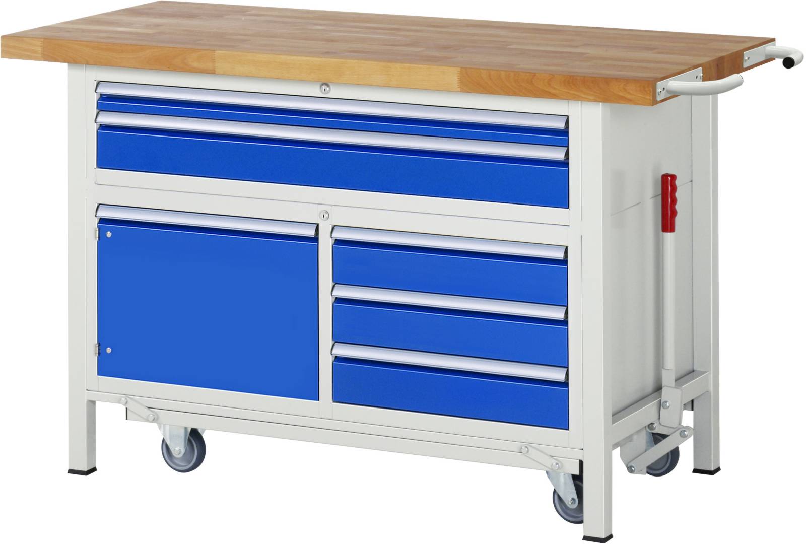 Absenkbare Werkbank Modell 8922, BxTxH 1500x700x920 mm, Buche-Massiv Arbeitsplatte 40 mm, 5 Schubladen mit Vollauszu-0