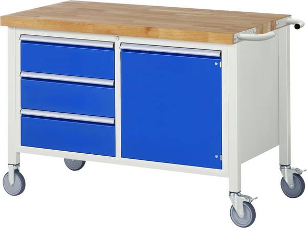 Fahrbare Werkbank Modell 8468,  BxTxH 1250x700x880 mm,  Buche-Massiv Arbeitsplatte 40 mm,  3 Schubladen mit  Auszug 90 %