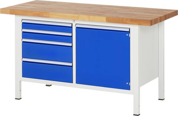 Werkbank Modell 8470,  BxTxH 1500x700x840 mm,  Buche-Massiv Arbeitsplatte 40 mm,  4 Schubladen mit  Auszug 90 %