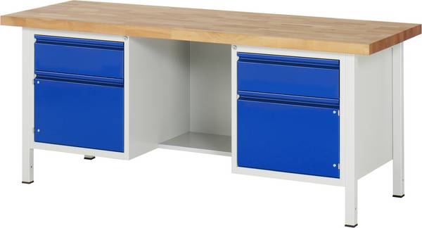 Werkbank - Modell 8551 BASIC,  BxTxH 2000x700x840 mm,  Buche-Massiv Arbeitsplatte 40 mm,  2 Schubladen mit  Auszug 90 %