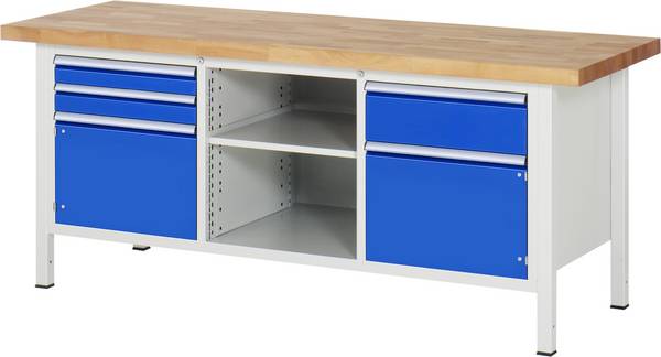 Werkbank Modell 8562,  BxTxH 2000x700x840-1040 mm,  Buche-Massiv Arbeitsplatte 40 mm,  3 Schubladen mit  Auszug 90 %