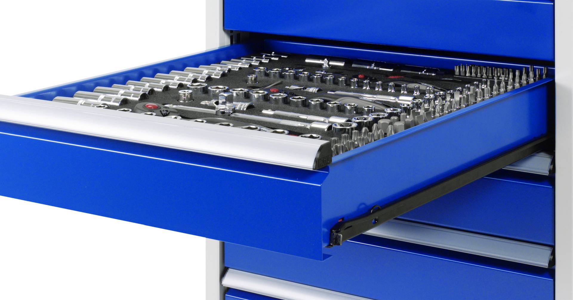 Fahrbare Werkbank Modell 8157, BxTxH 1500x900x880 mm, Buche-Massiv Arbeitsplatte 40 mm, 3 Schubladen mit Auszug 90 %-1