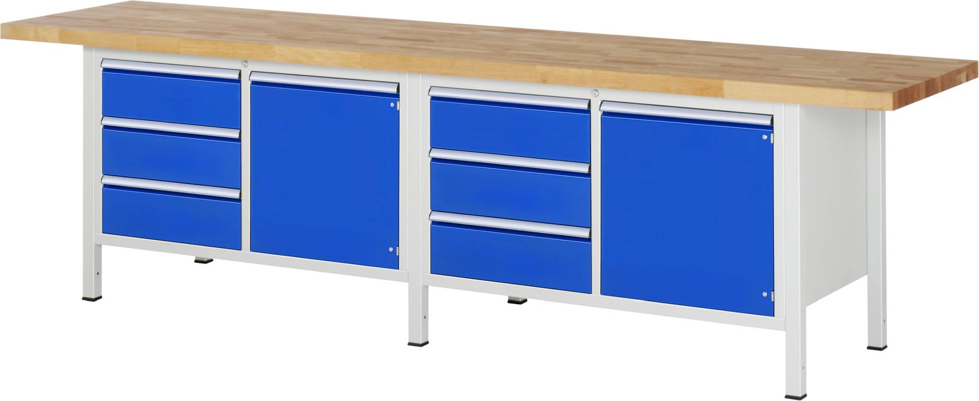 Werkbank Modell 8468, BxTxH 3000x700x840-1040 mm, Buche-Massiv Arbeitsplatte 40 mm, 6 Schubladen mit Vollauszug 100-0